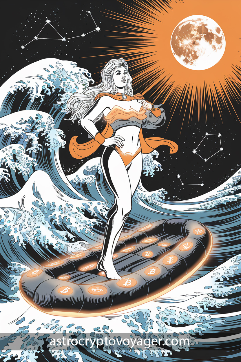 Comic-style illustration in black and white with orange accents: A triumphant Pisces woman standing on a glowing Bitcoin raft, surrounded by waves of altcoins and stars, with a radiant full moon glowing overhead